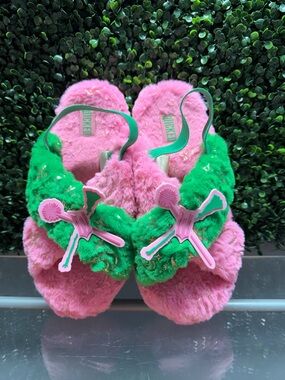 Wicked Plush Pink & Green Fuzzy Slide Slippers with Decorative Charm